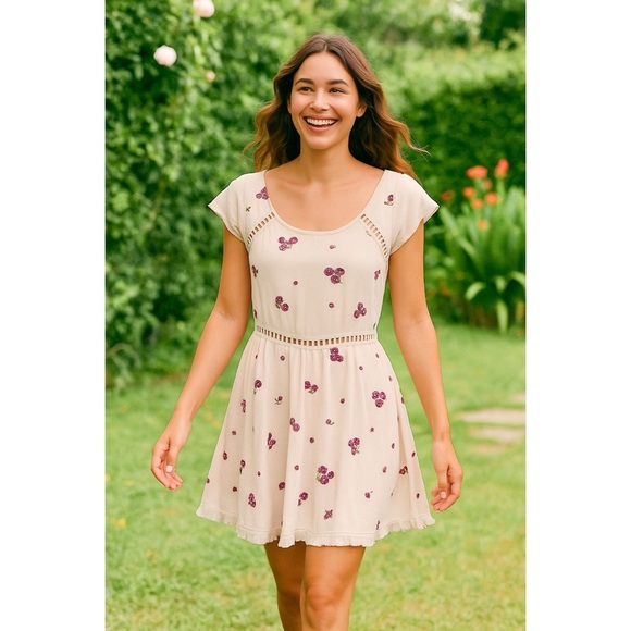 Free People Womens Cream Embroidered Mini Dress Boho Cap Sleeve Mesh M Romantic - Picture 1 of 9